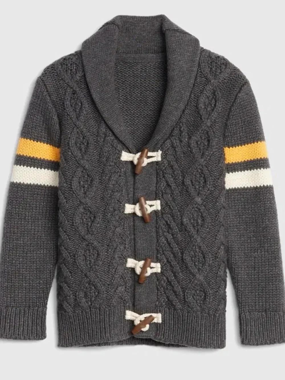 GAP Charcoal Shawl-Collar Cable Knit Sweater with Yellow & Cream Stripes